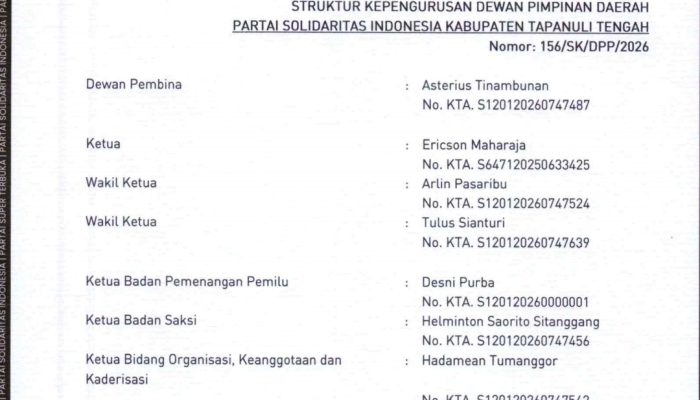DPP PSI Resmi Tunjuk Ericson Maharaja, ST sebagai Ketua DPD PSI Tapanuli Tengah